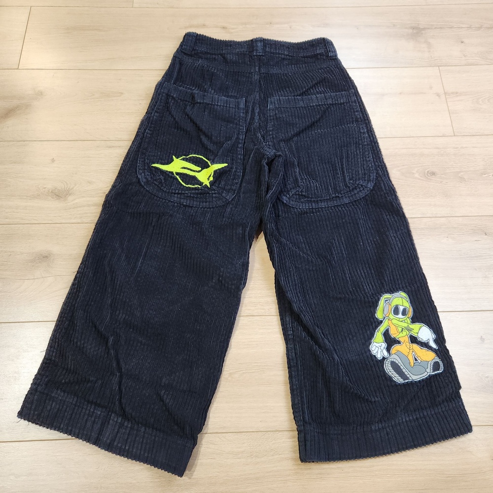 A.LAB Mega Rave Black Corduroy Pants Mens 28 Black Wide Leg Baggy Embroidered